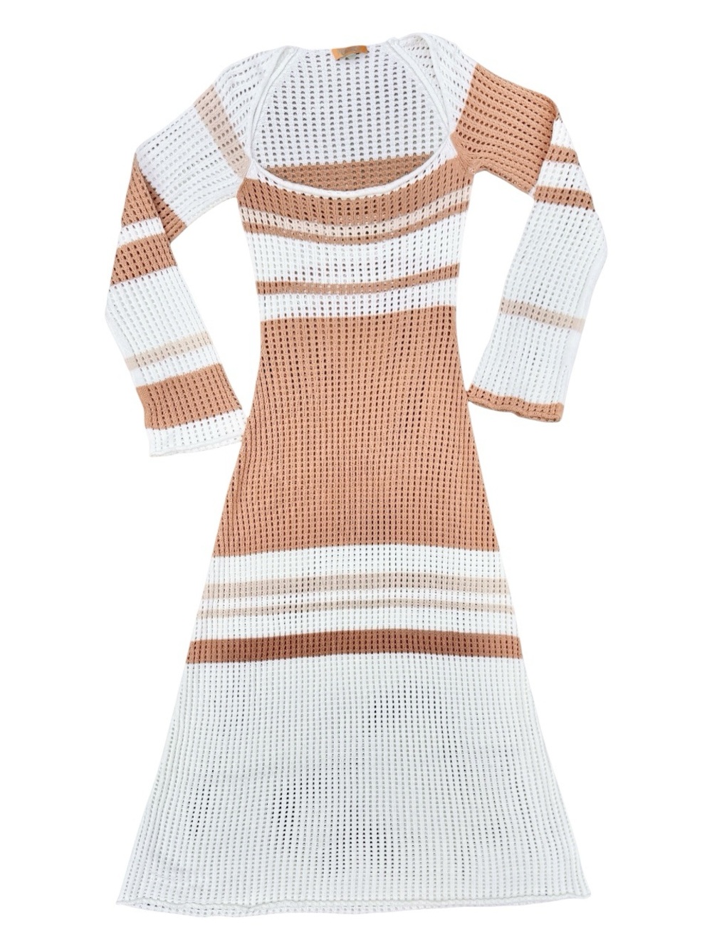 Verge Girl Crochet Knit Maxi Dress White Tan Stripe Boho Cover Up - Size S